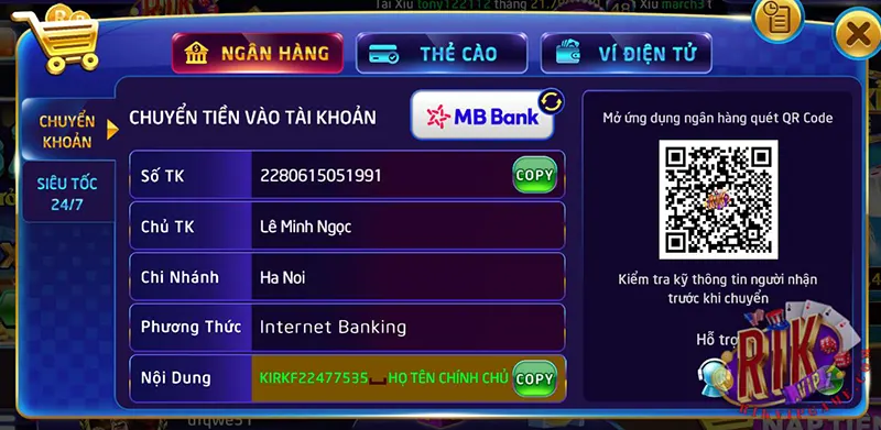 Nạp Rikvip qua hình thức ngân hàng